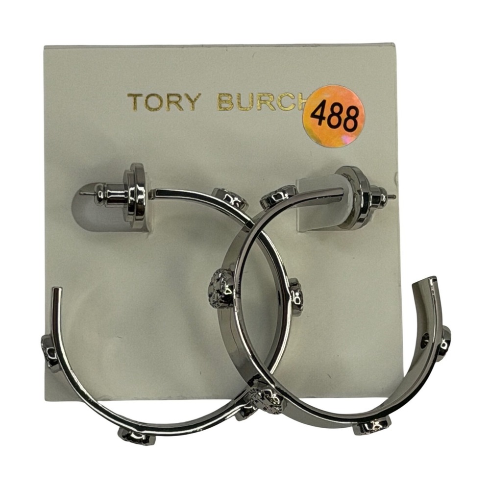 Tory Burch Miller Stud Hoop Earrings Silver Tone Logo Double T Wide Band NWT
